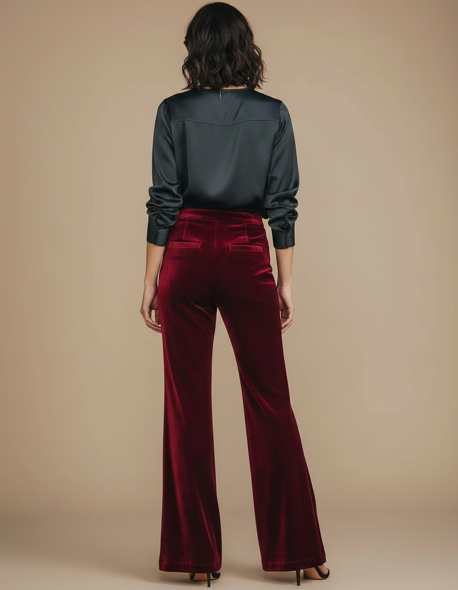 Pantalon Velour Taille Haute Femme - Bordeaux Velours - vue 2