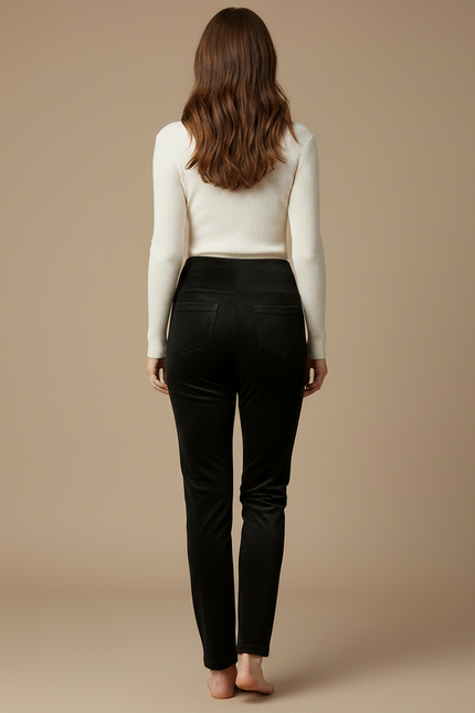 Pantalon Velours Noir Côtelé Slim Taille Haute - Cordé - vue 2