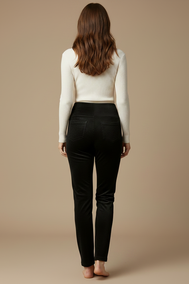 Pantalon Velours Noir Côtelé Slim Taille Haute - Cordé - vue 2