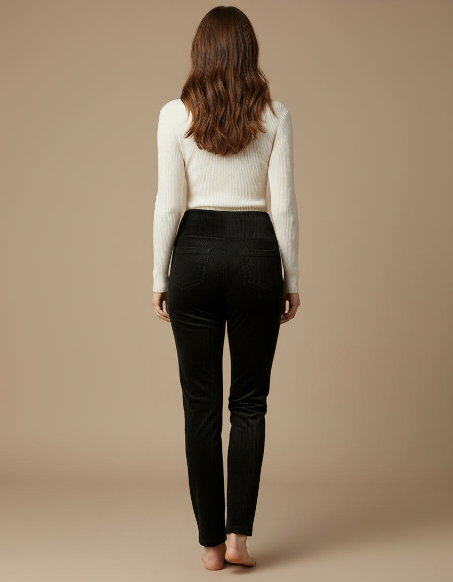 Pantalon Velours Noir Côtelé Slim Taille Haute - Cordé - vue 2