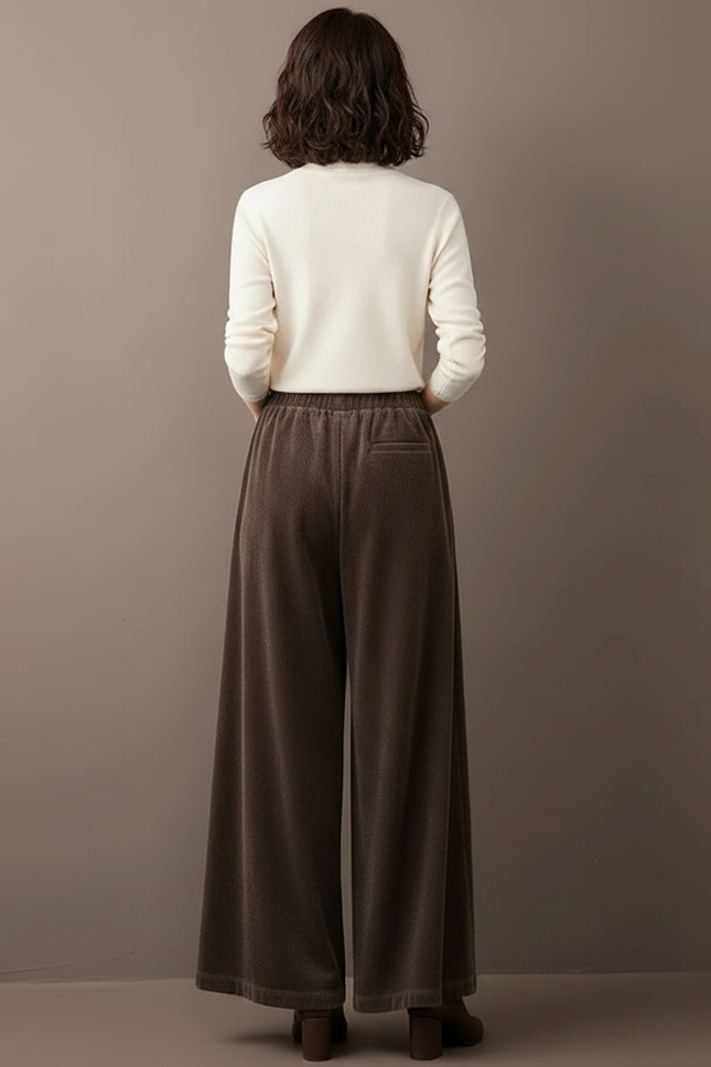 Pantalon Velours Marron Côtelé Ample Taille Haute - Cordé - vue 2