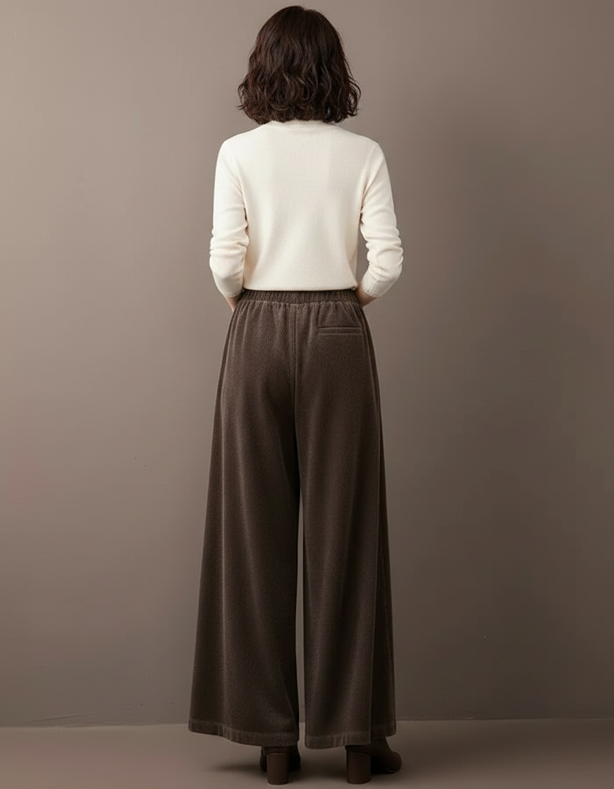 Pantalon Velours Marron Côtelé Ample Taille Haute - Cordé - vue 2