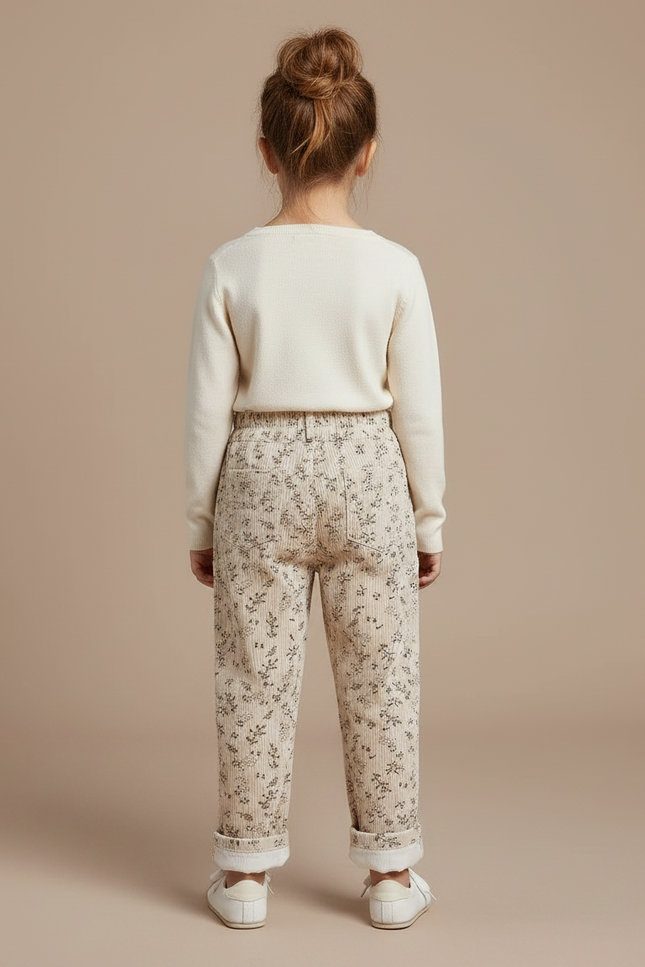 Pantalon Velours Beige Côtelé Imprimé Floral Doublé Enfant - Cordé - vue 2