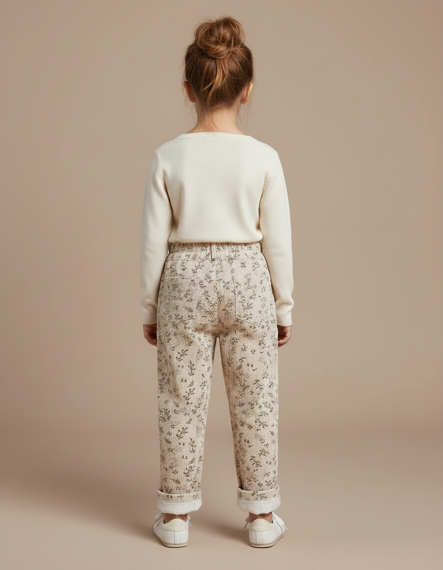 Pantalon Velours Beige Côtelé Imprimé Floral Doublé Enfant - Cordé - vue 2
