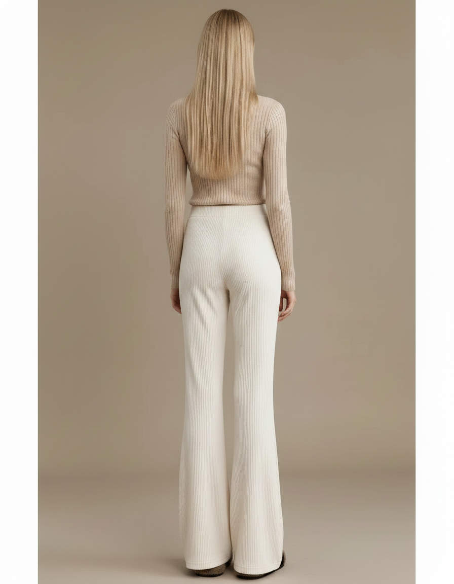 Pantalon Velours Écru Côtelé Évasé Confortable Femme - Beige - vue 2