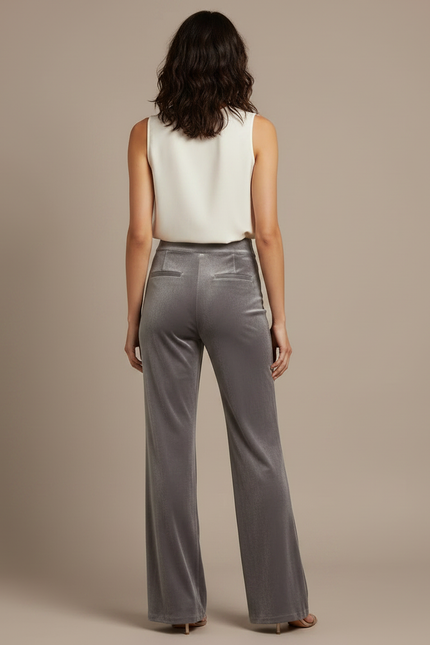 Pantalon Velours Gris Évasé Fluide Taille Haute Femme - vue 2
