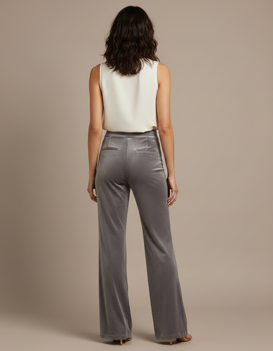 Pantalon Velours Gris Évasé Fluide Taille Haute Femme - vue 2