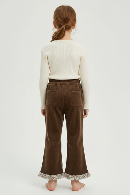 Pantalon Velours Marron Côtelé Évasé Franges Fille - Cordé - vue 2