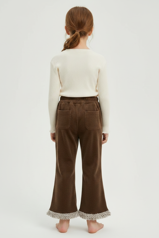 Pantalon Velours Marron Côtelé Évasé Franges Fille - Cordé - vue 2