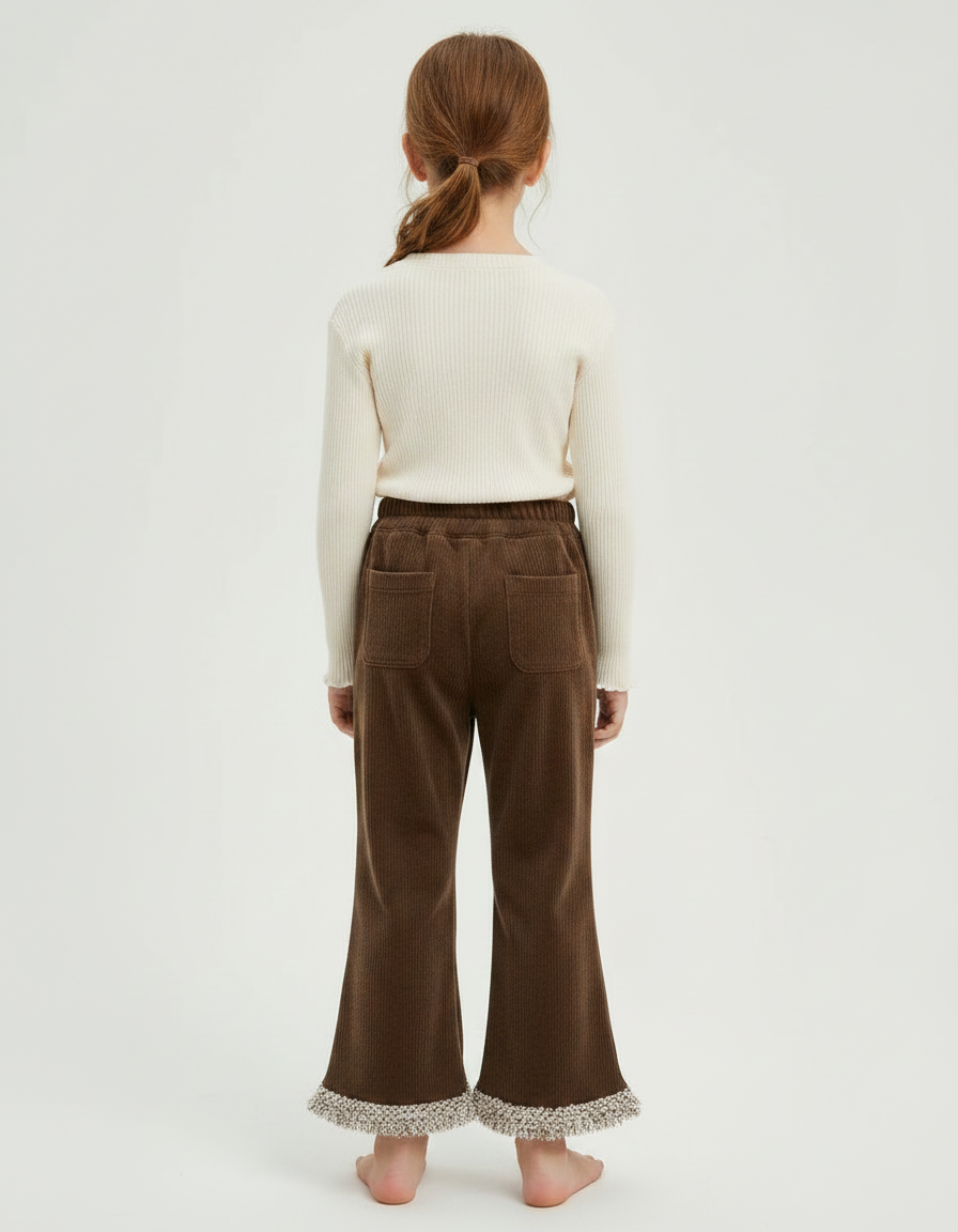 Pantalon Velours Marron Côtelé Évasé Franges Fille - Cordé - vue 2