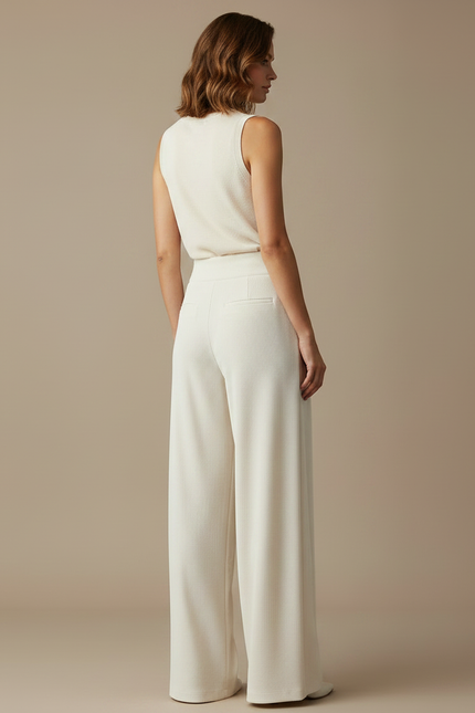 Pantalon Velours Crème Ample Fluide Élégant Femme - Beige - vue 2
