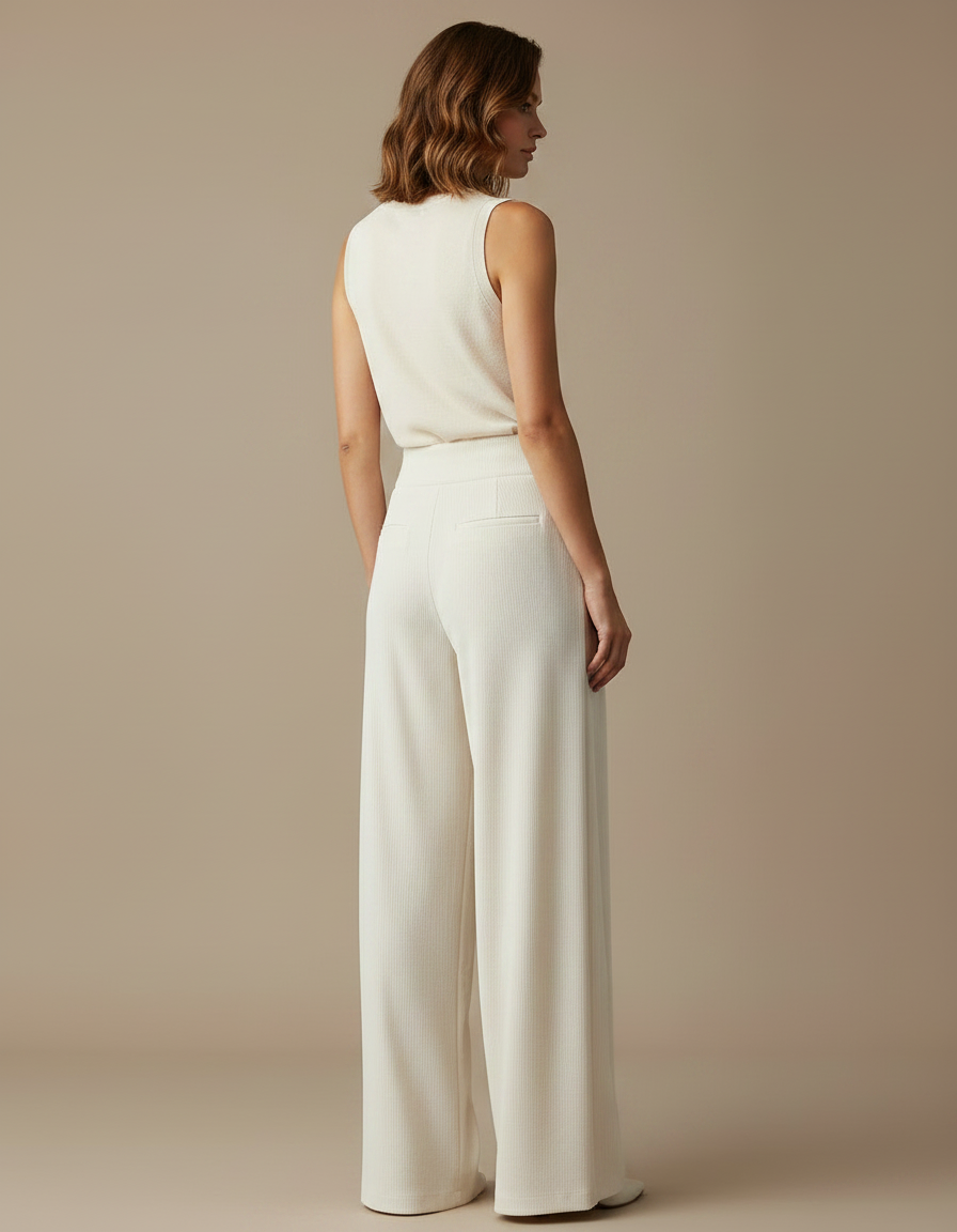Pantalon Velours Crème Ample Fluide Élégant Femme - Beige - vue 2