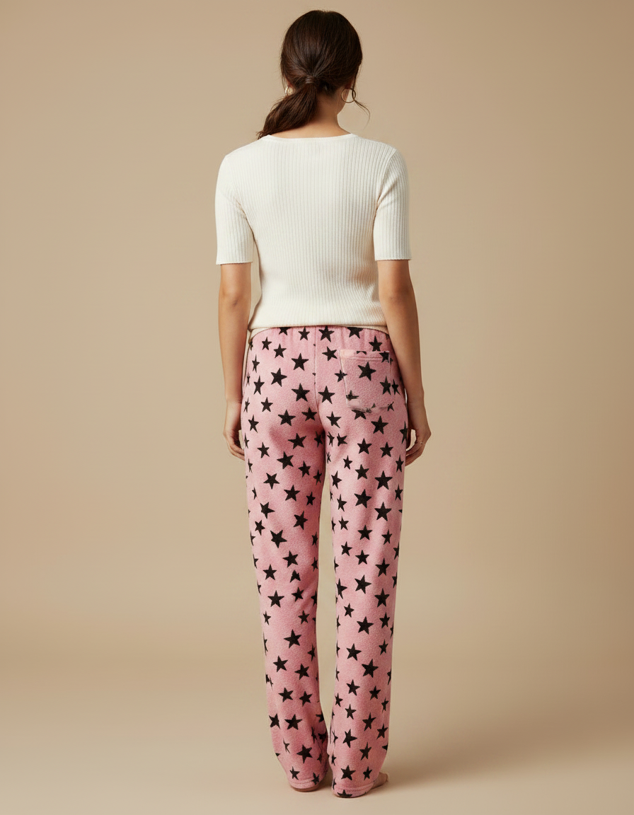 Pantalon Velours Rose Étoiles Ample Doux Femme - vue 2