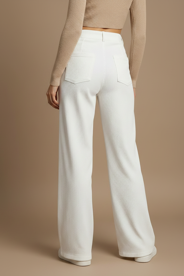 Pantalon Velours Côtelé Blanc Ample Taille Haute - Cordé - vue 2