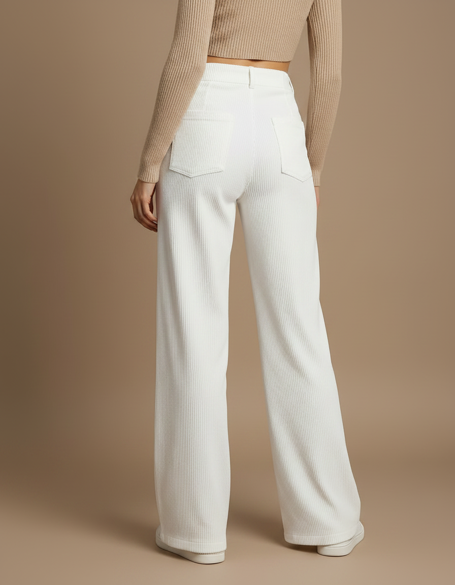 Pantalon Velours Côtelé Blanc Ample Taille Haute - Cordé - vue 2
