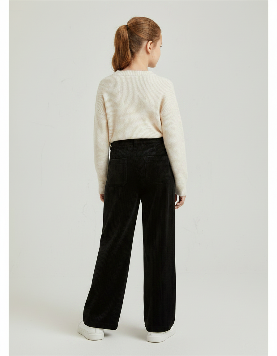 Pantalon Velours Fille Noir Large - Cordé - vue 2
