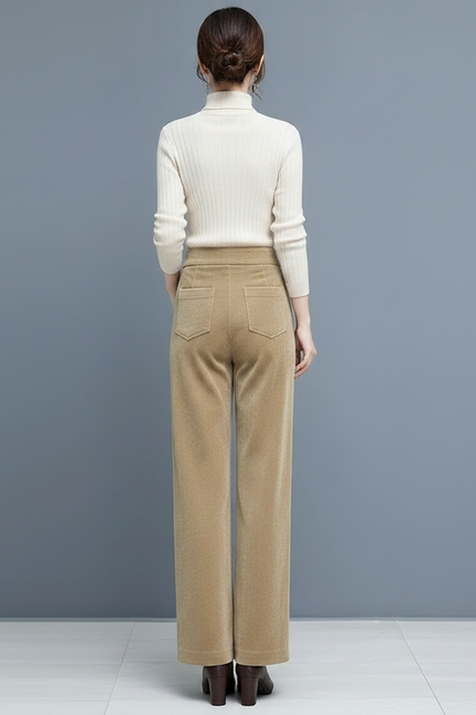 Pantalon Velours Côtelé Ample Taille Haute Femme - Camel Cordé - vue 2