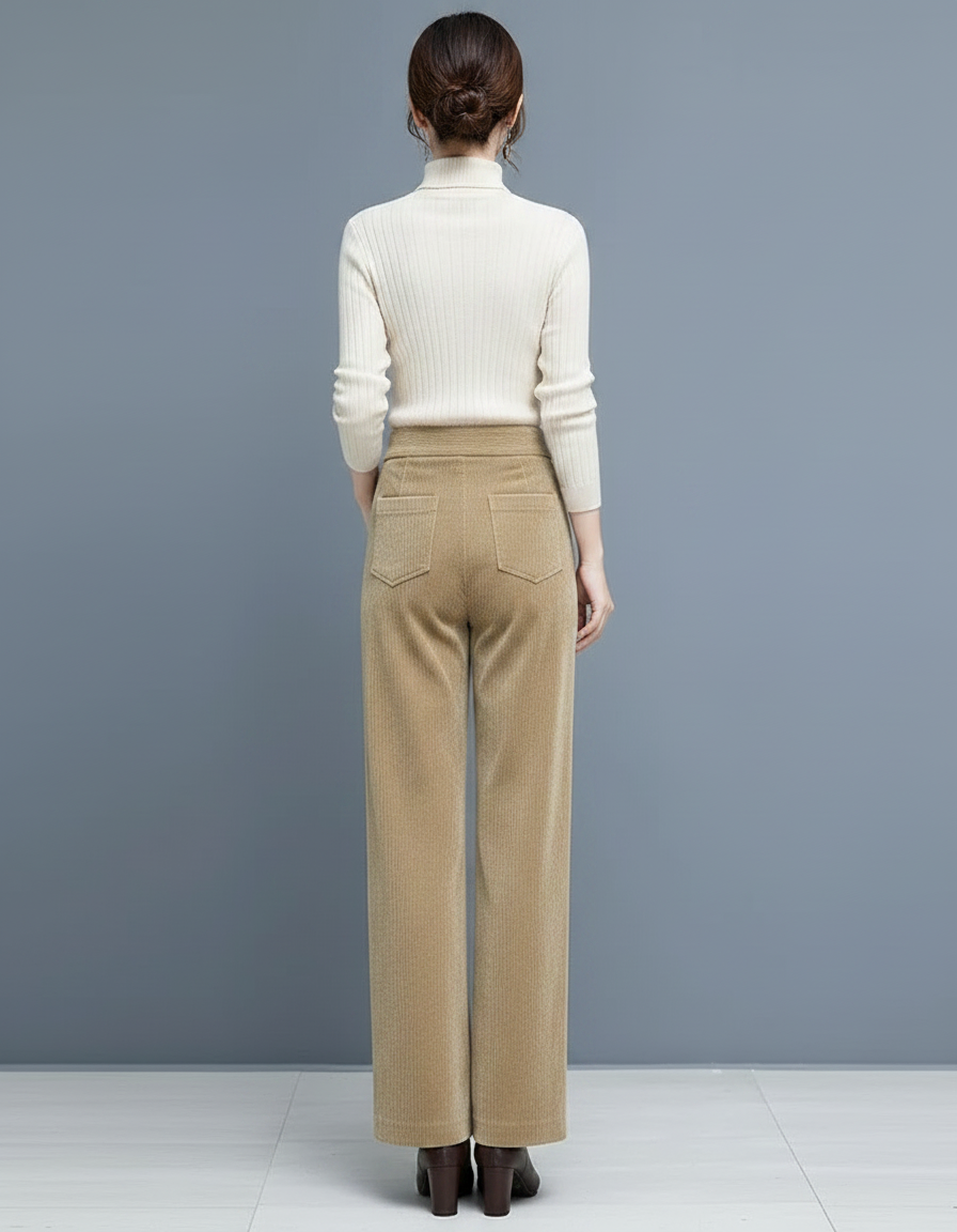 Pantalon Velours Côtelé Ample Taille Haute Femme - Camel Cordé - vue 2