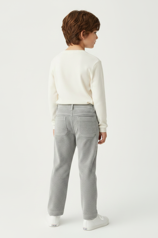 Pantalon Velours Côtelé Gris Brodé Enfant Décontracté - Cordé - vue 2