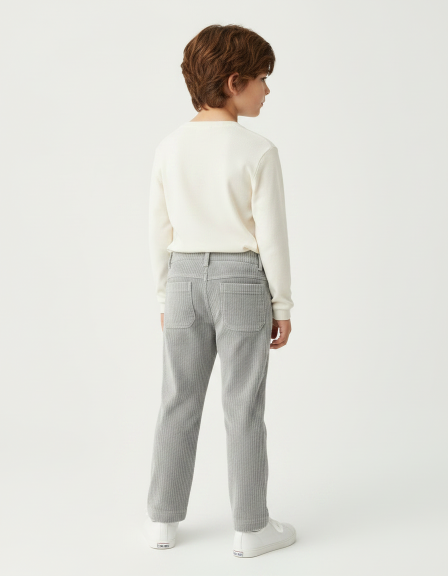 Pantalon Velours Côtelé Gris Brodé Enfant Décontracté - Cordé - vue 2