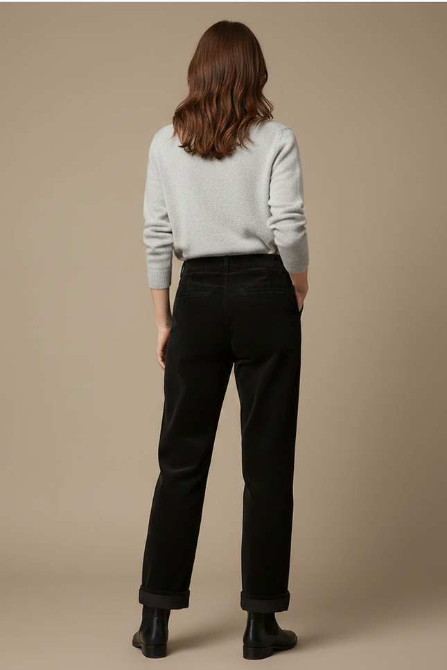 Pantalon Velours Noir Ample Taille Haute Femme - Cordé - vue 2