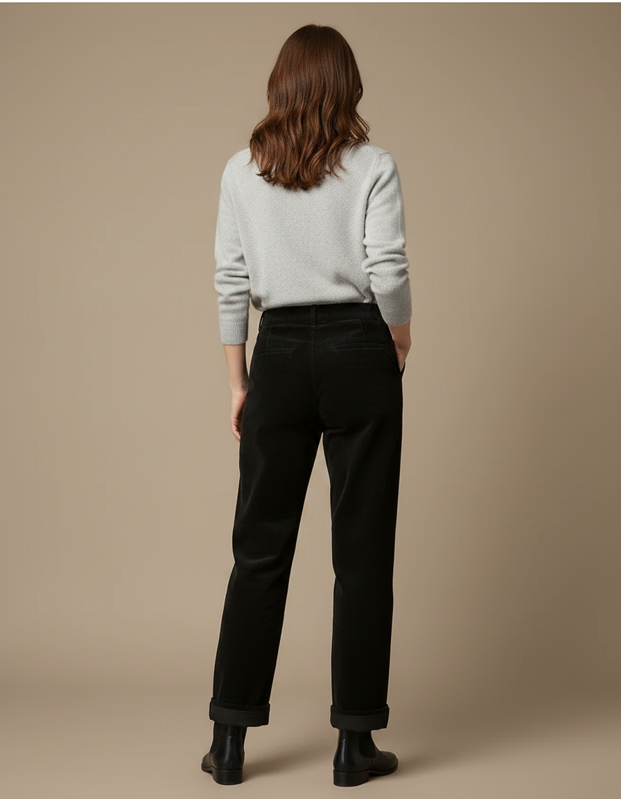 Pantalon Velours Noir Ample Taille Haute Femme - Cordé - vue 2