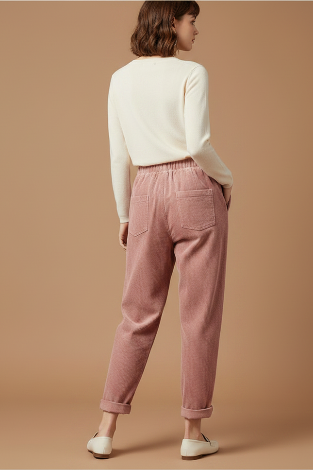 Pantalon Velours Rose Côtelé Ample Élastiqué Décontracté Femme - Cordé - vue 2