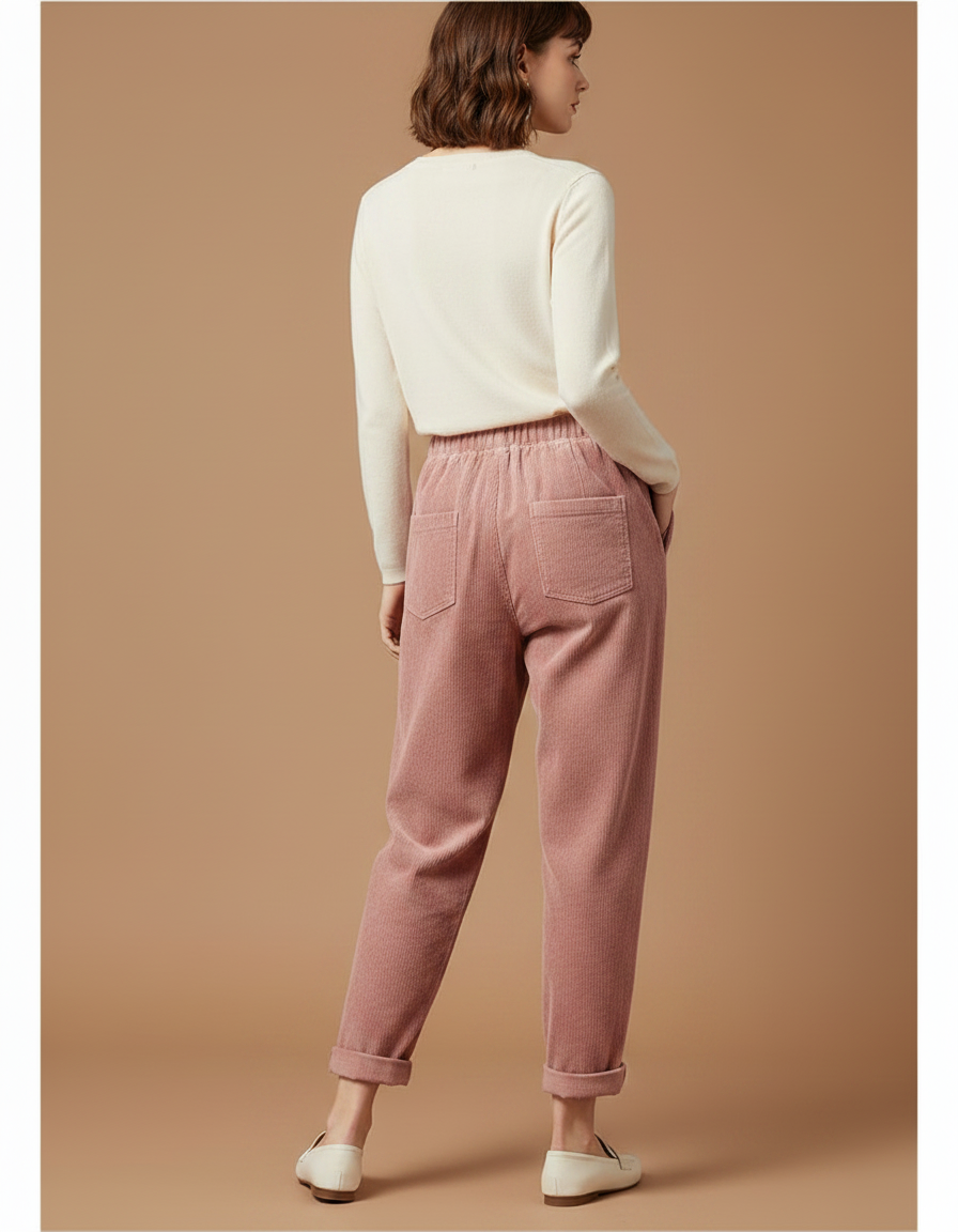 Pantalon Velours Rose Côtelé Ample Élastiqué Décontracté Femme - Cordé - vue 2