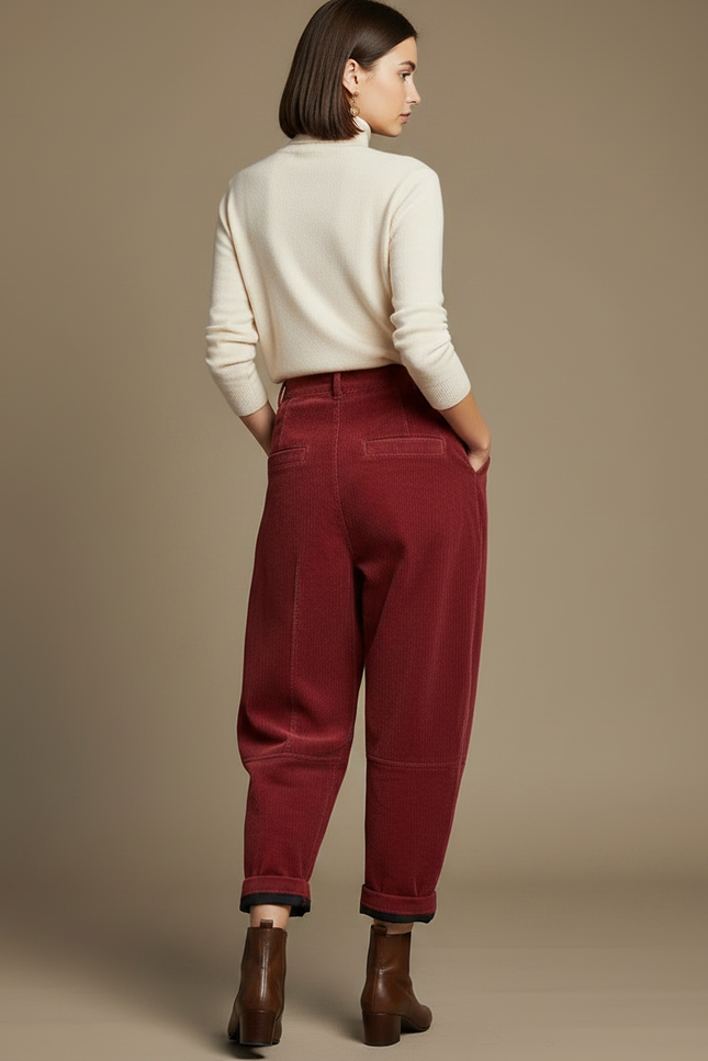 Pantalon Velours Côtelé Rouge Harem Ample Décontracté Femme - Bordeaux Cordé - vue 2
