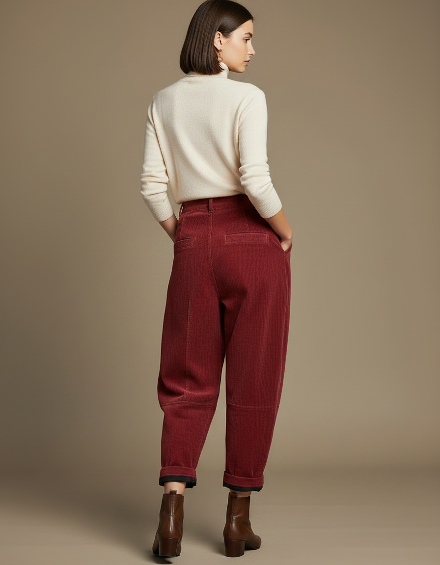 Pantalon Velours Côtelé Rouge Harem Ample Décontracté Femme - Bordeaux Cordé - vue 2