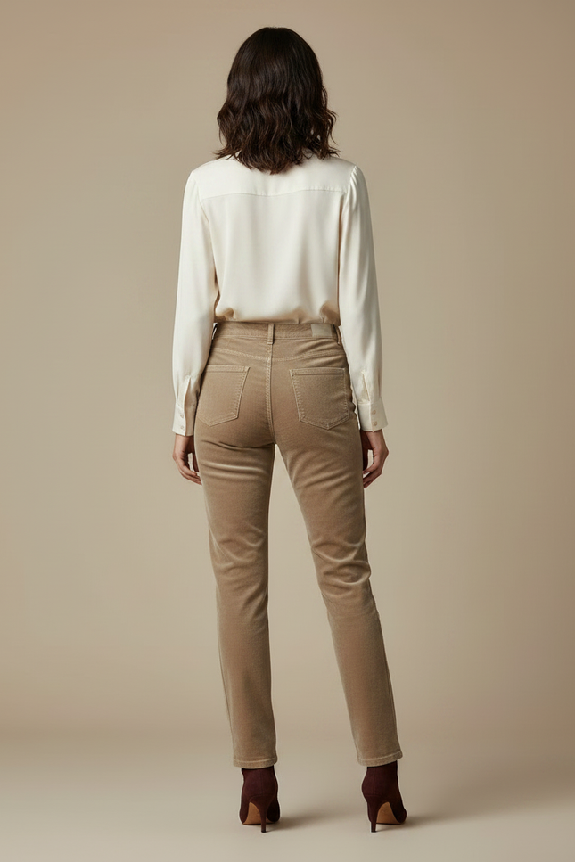 Pantalon Velours Droit Taille Haute Élégant Femme - Camel Cordé - vue 2