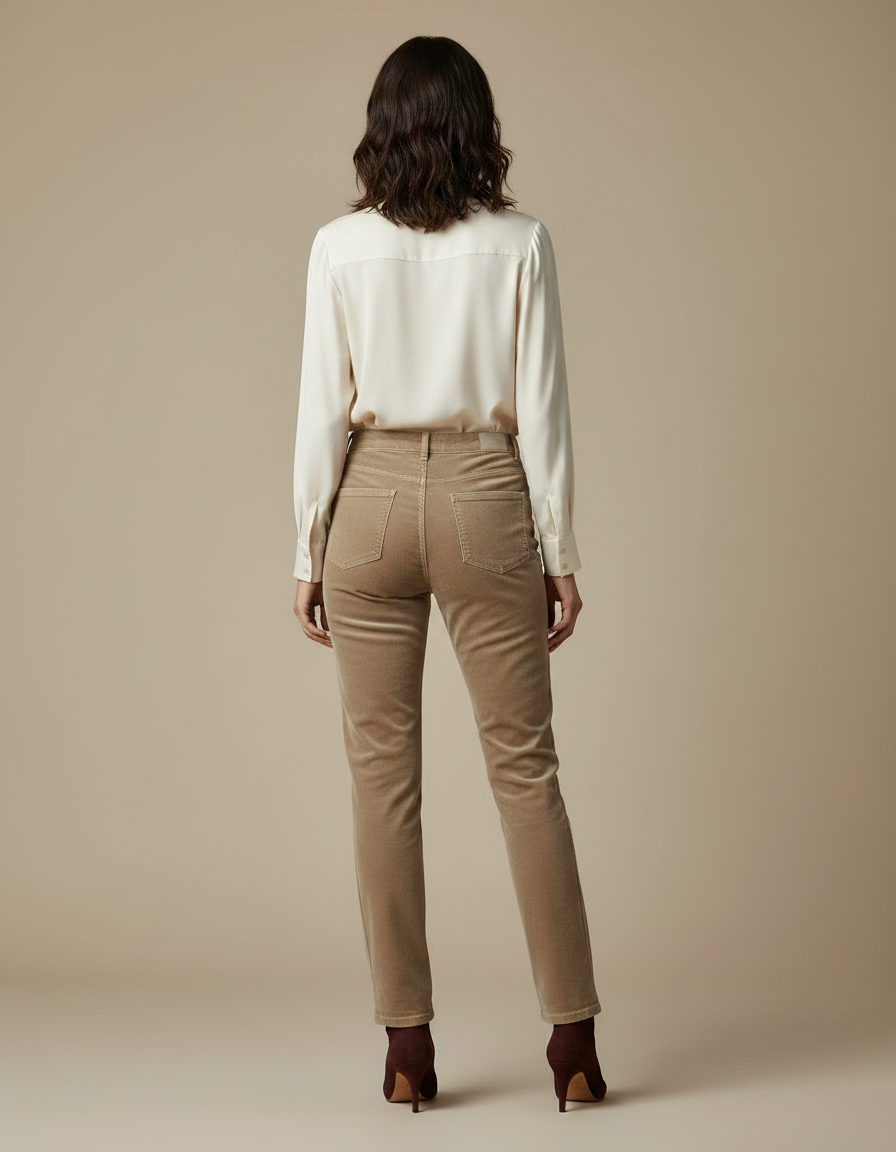 Pantalon Velours Droit Taille Haute Élégant Femme - Camel Cordé - vue 2