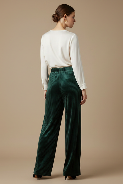 Pantalon Velours Vert Émeraude Plissé Fluide Femme - vue 2