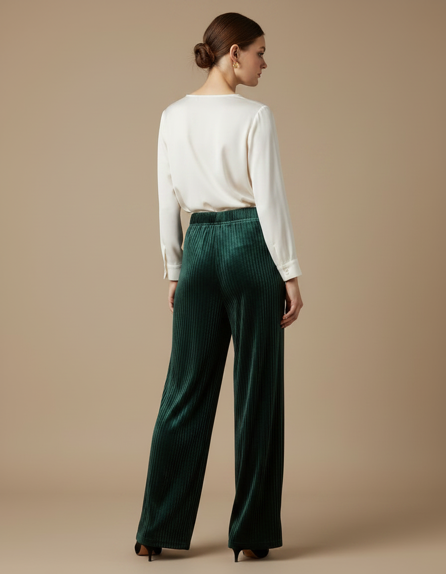 Pantalon Velours Vert Émeraude Plissé Fluide Femme - vue 2