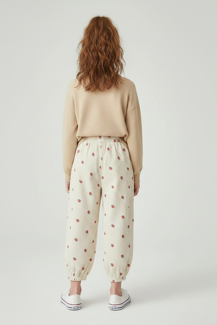 Pantalon Velours Écru Côtelé Ample Fraises Fille - Beige Cordé - vue 2