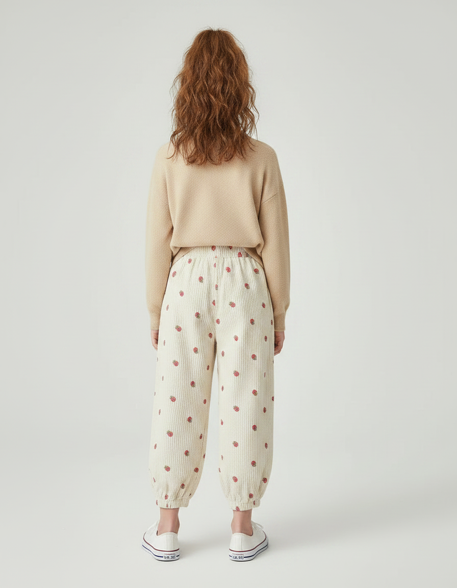 Pantalon Velours Écru Côtelé Ample Fraises Fille - Beige Cordé - vue 2