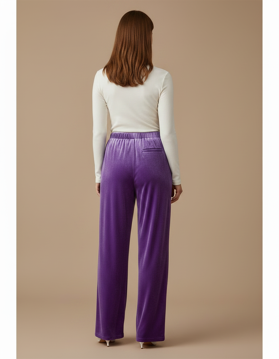 Pantalon Velours Violet Ample Fluide Élastique Femme - vue 2