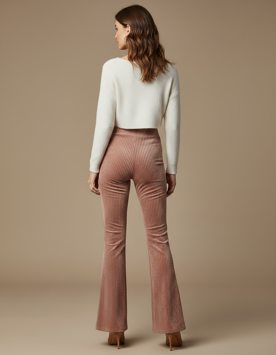 Pantalon Velours Côtelé Évasé Rose Confortable Élégant - Cordé - vue 2