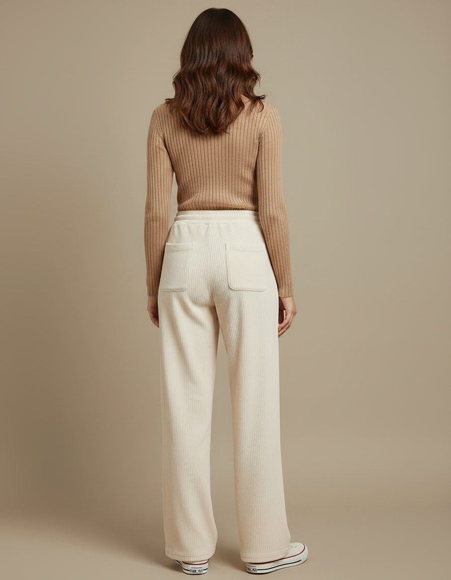 Pantalon Velours Côtelé Ample Beige Fluide Femme - Cordé - vue 2