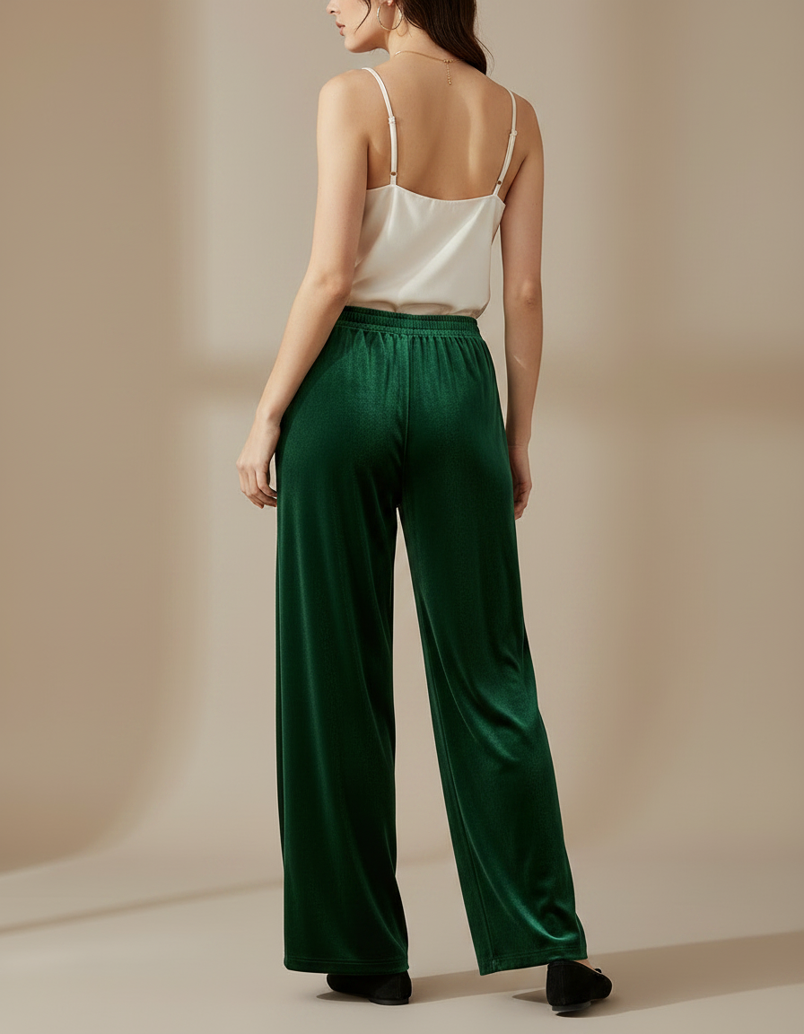 Pantalon Velours Vert Émeraude Ample Fluide Femme - vue 2