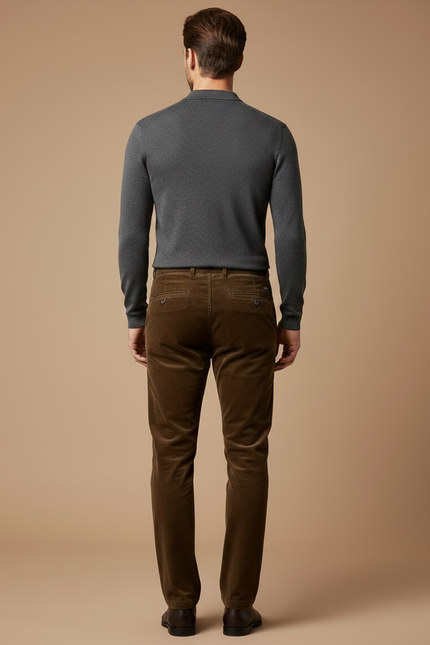 Pantalon Velours Marron Côtelé Coupe Droite Homme Élégant - Cordé - vue 2