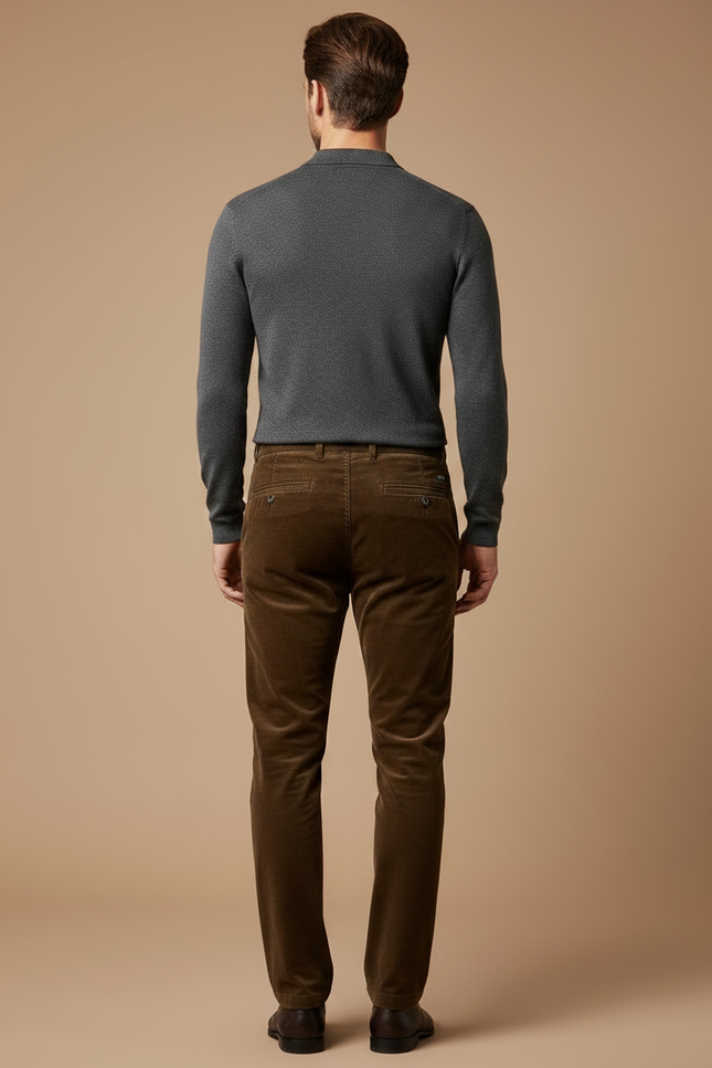Pantalon Velours Marron Côtelé Coupe Droite Homme Élégant - Cordé - vue 2