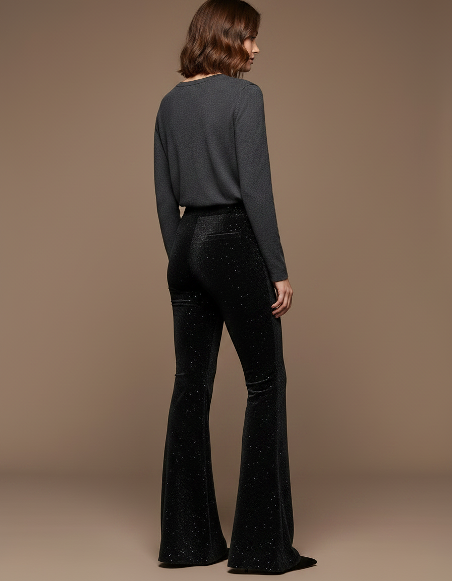 Pantalon Velours Noir Évasé Pailleté Élégant Femme - vue 2