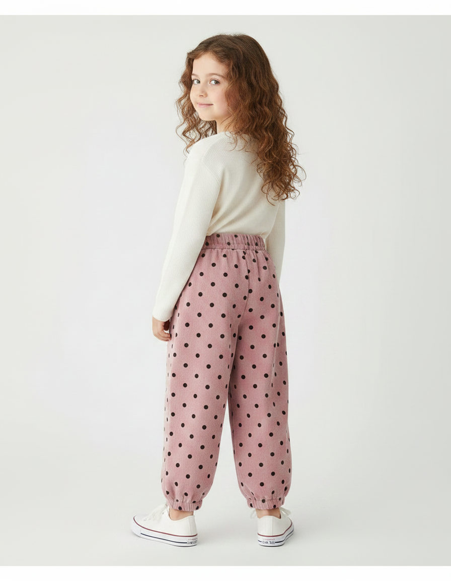 Pantalon Velours Rose À Pois Ample Côtelé Enfant - Cordé - vue 2