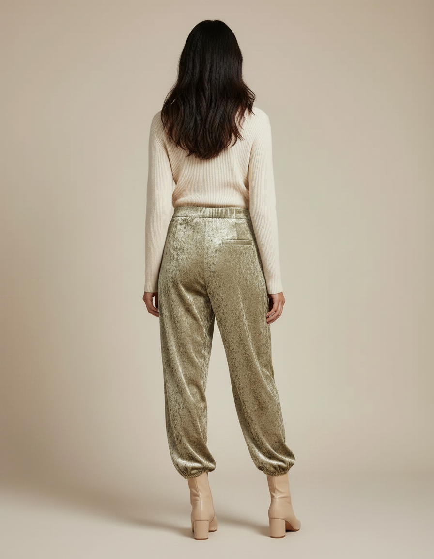Pantalon Velours Vert Ample Froissé Femme Élégant - vue 2