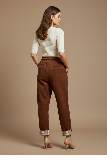 Pantalon Velours Marron Côtelé Droit Décontracté Plaid - Cordé - vue 2