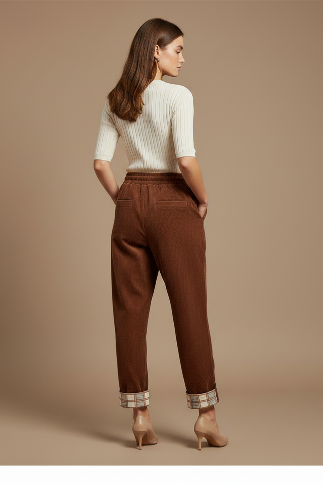 Pantalon Velours Marron Côtelé Droit Décontracté Plaid - Cordé - vue 2