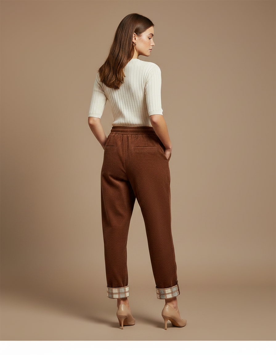 Pantalon Velours Marron Côtelé Droit Décontracté Plaid - Cordé - vue 2