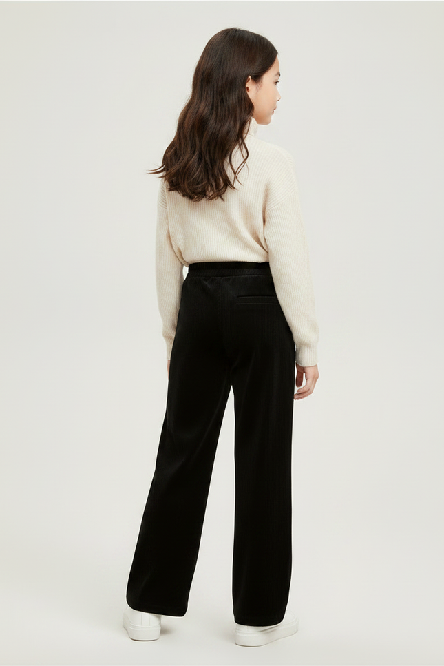 Pantalon Velours Noir Côtelé Ample Fille Décontracté - Cordé - vue 2