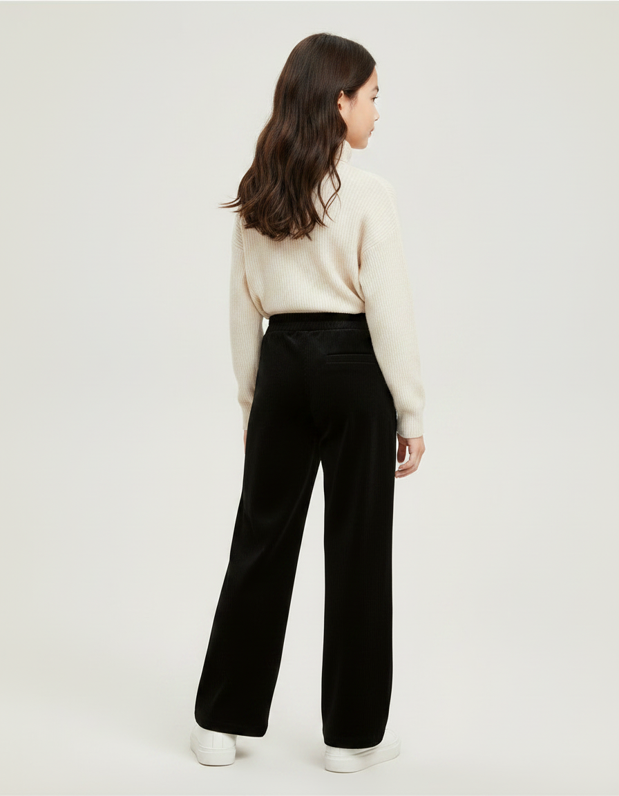 Pantalon Velours Noir Côtelé Ample Fille Décontracté - Cordé - vue 2